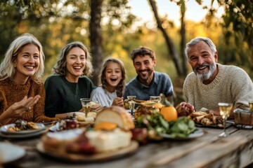 A joyful multi-generational family enjoying an outdoor dinner with a table full of food, laughing and bonding in a natural setting during autumn