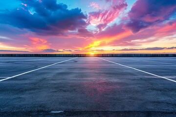 Empty parking lot at sunset with vibrant, colorful skies and dramatic clouds creating a serene and tranquil scenic view.