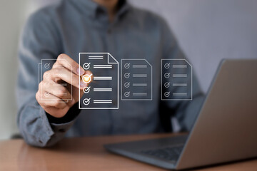 Concept of electronically checking smart items and documents on a virtual screen. Businessman checks electronic documents Borderless communication technology