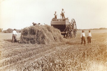A sepia photograph showing farmers working with a horse-drawn wagon during wheat harvest. The image captures early 20th century agricultural practices