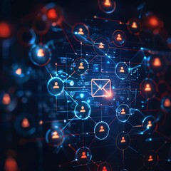 A futuristic digital network with interconnected nodes and people icons, representing communication technology and social media connections.