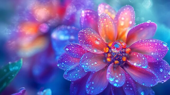 Colorful Flowers.Border Art Design.Magic Light.Close up Photography. Conceptual Abstract Image. Blue Background.Fantasy Floral Art. Generative ai