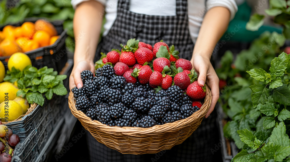 Wall mural woman's hand gracefully holds a basket filled with an assortment of ripe, vibrant fruits. The fresh produce symbolizes abundance, vitality, and a connection to nature's bounty