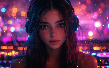 DJ playing and mixing music in nightclub party at night . EDM dance music club with crowd of young people celebrating the energetic youth lifestyle .. Peculiar AI generative image realistic image