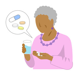 Simple illustration of an elderly black woman taking medicine
