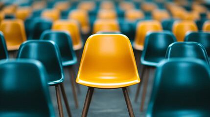 Naklejka premium yellow chair stands out among a group of black chairs, symbolizing individuality, uniqueness, and leadership. This image conveys the power of standing out in a business context