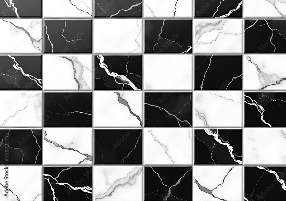 Wall mural seamless black and white checker or chess board marble tile background texture. kitchen or bathroom 