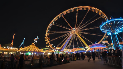 as and ferris wheel at night with people walking around