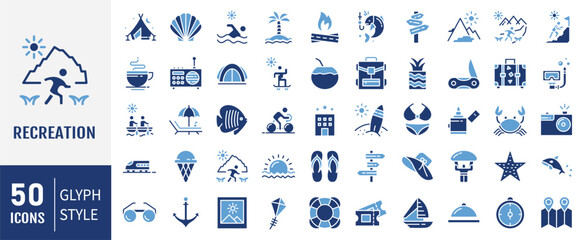 Recreation icon set. Containing hiking, tour, travel, summer, beach, holiday, vacation icons. Solid icon collection. © ARIF MIFTAHUL ANWAR
