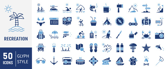 Recreation icon set. Containing hiking, tour, travel, summer, beach, holiday, vacation icons. Solid icon collection. © ARIF MIFTAHUL ANWAR