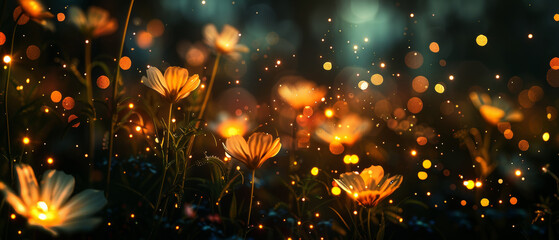 Obraz premium Magical Night Forest with Glowing Orange Flowers