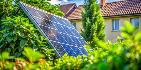Fototapeta premium A close-up of a solar panel surrounded by green foliage in a residential area