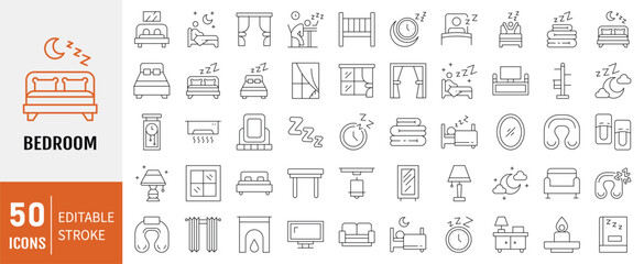 Bedroom icon set. Related to sleep, bedroom, dream, pillow, bed, alarm clock, insomnia, night and rest icons. Vector Illustration