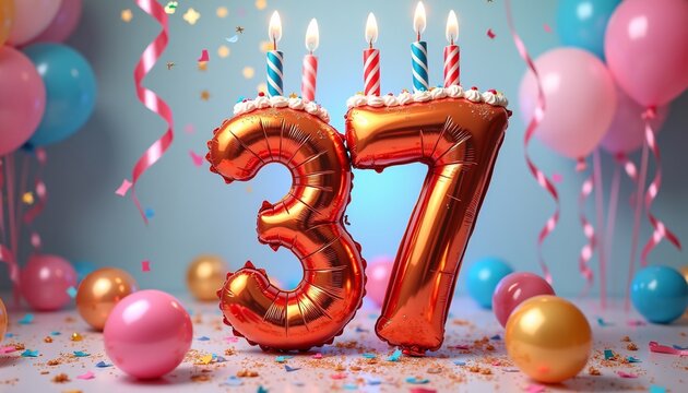 Number 37th Birthday Balloon Celebration Cake, Adorned with Sparkling Confetti, Stars, Glitters, and Streamer Ribbons for a Festive Atmosphere