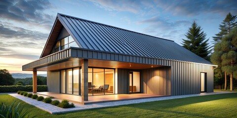 Obraz premium Corrugated metal roof on a modern house , metal, corrugated, roof, modern, house, architecture, design, industrial