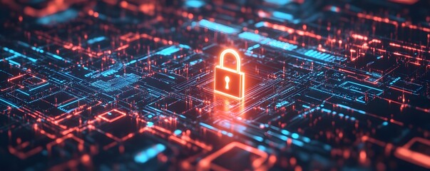Digital padlock icon, cyber security banner, network and data protection technology on virtual interface screen. cyber attack, and business data privacy concept. Generative AI