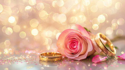 Pink Rose and Gold Rings with Glitter and Bokeh Background