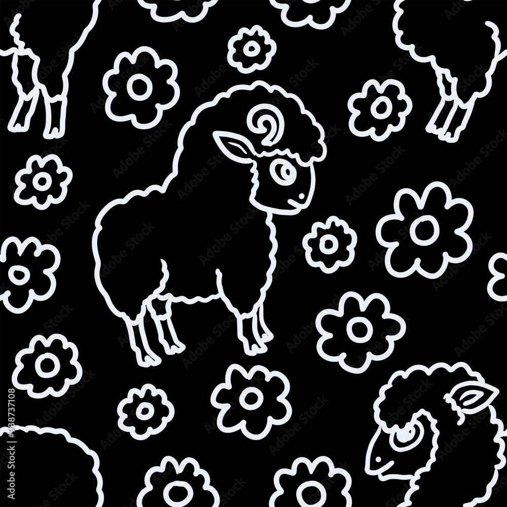 Poster sheep and flowers seamless abstract pattern background fabric fashion design print wrapping paper digital illustration art texture textile wallpaper apparel image 