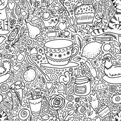 abstract seamless background pattern with food drinks cooking fruit caps sweetie black and white 