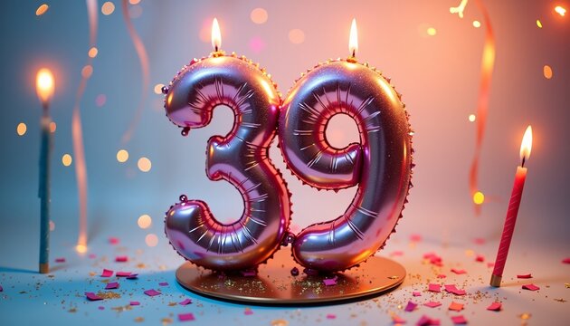 Number 39th Birthday Balloon Celebration Cake, Adorned with Sparkling Confetti, Stars, Glitters, and Streamer Ribbons for a Festive Atmosphere