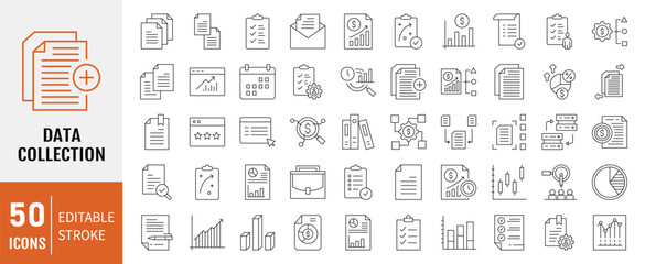 Data collection icon set. Containing gathering, acquisition, retrieval, sampling and more. Simple line vector.
