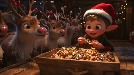 A cozy scene in the reindeer barn, where a group of elves is feeding the reindeer special Christmas treats