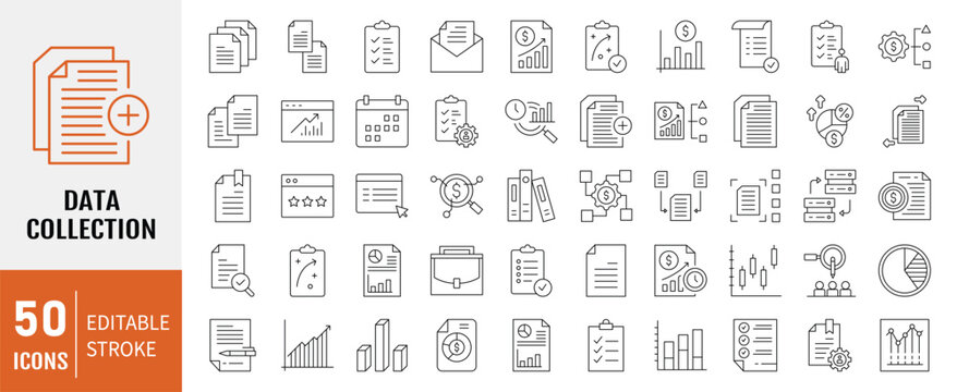 Data collection icon set. Containing gathering, acquisition, retrieval, sampling and more. Simple line vector.