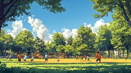 A group of friends is playing football in a large, open park