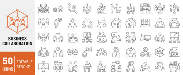 Business Collaboration line icon collection set. Containing idea, teamwork, online, work shift, management, leadership icon. Vector Illustration.