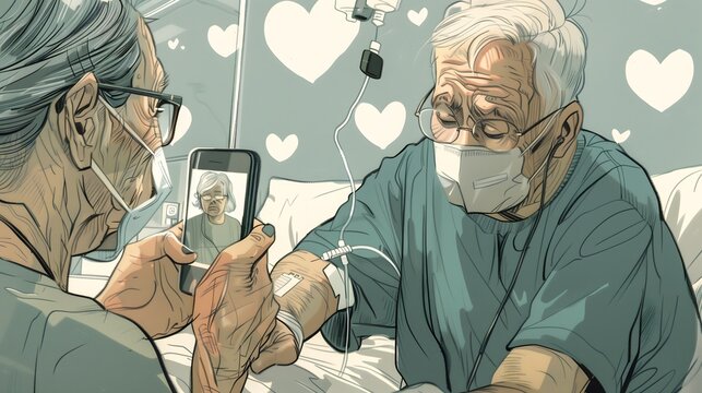 In the style of a comic book art, illustration, an elderly man wearing a medical face mask is getting his arm injected with a syringe by a nurse at a hospital 
