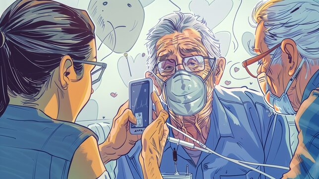 In the style of a comic book art, illustration, an elderly man wearing a medical face mask is getting his arm injected with a syringe by a nurse at a hospital  - Powered by Adobe