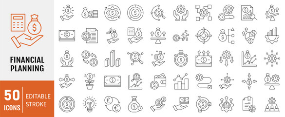 Financial planning line icon collection set. Containing retirement, accounting, implementation, structure, insurance, tax receipt icon. Vector Illustration.