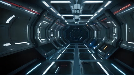 a dimly lit sci - fi corridor with a dark background