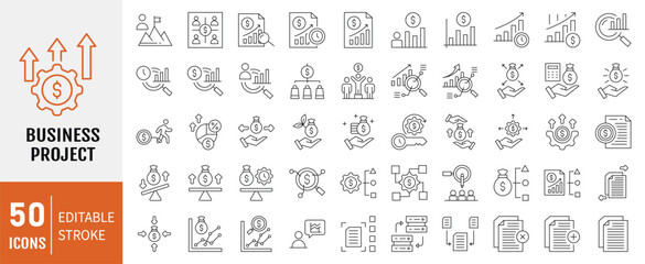 Business project line icon collection set. Containing innovation, growth, workflow, accounting, management, validation icon. Vector Illustration
