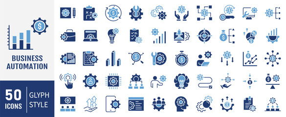 Business automation solid icon set. Containing icons: process, digital transformation, industry 4.0, productivity, technology, business icon. Vector illustration