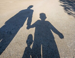 depicts the image of a father holding his child's hand on the road.