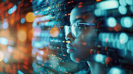 African American woman with glasses looking at glowing data visualizations on transparent screen in dimly lit office environment