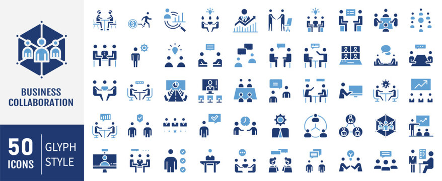 Business Collaboration icon set. Containing idea, teamwork, online, work shift, management, leadership icon. Vector Illustration.