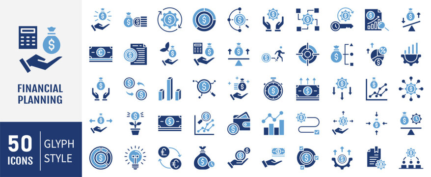 Financial planning icon set. Containing retirement, accounting, implementation, structure, insurance, tax receipt icon. Vector Illustration.