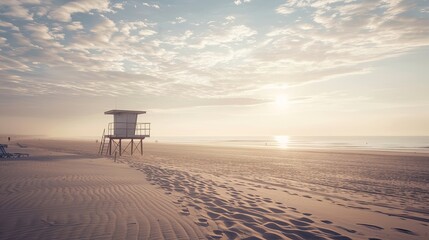 Solitude at Dusk: Deserted Beach with Abandoned Lifeguard Tower, Serene Ocean Views, and the Last Glimpses of Sunlight on a Tranquil Day