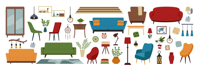 Home furniture. Interior decor. Office room design. Cozy apartment. Soft sofa. Table and light lamp. Modern couch. Chair or comfortable armchair. House lounge. Vector tidy flat furnishing elements set