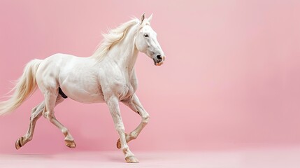 Obraz premium White horse trotting on pink background displaying powerful equine movement with raised legs and flowing mane in studio photography setting