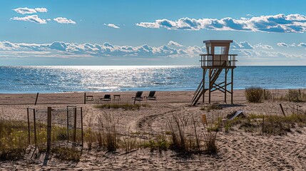 Solitude at Dusk: Deserted Beach with Abandoned Lifeguard Tower, Serene Ocean Views, and the Last Glimpses of Sunlight on a Tranquil Day
