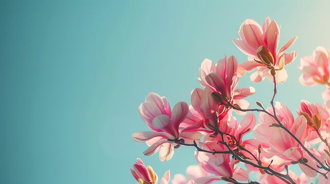 Pink spring magnolia flowers branch in full bloom against a clear sky