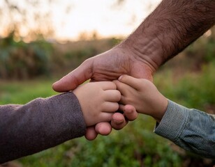 A small child's hand is held by his father in a soothing natural setting. generative ai