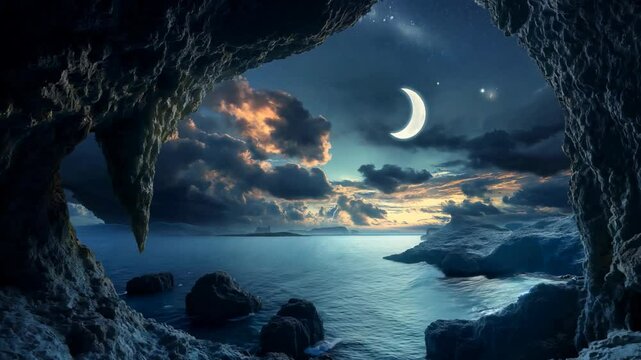 inside of the cave perspective crescent moon light shine over sea at night time