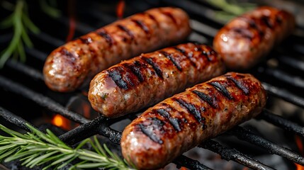 Juicy sausage links sizzling on a grill, charred and smoky, served with mustard, rustic and hearty