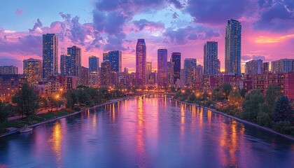 Naklejka premium Downtown cityscape with a river reflecting a colorful sunset. Perfect for showcasing a city's beauty, architecture, and urban development.