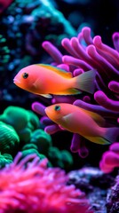 Obraz premium An underwater scene featuring neoncolored coral reefs emitting a soft glow in various shades of pink green and blue Small glowing fish swim among the corals adding movement and life to the image The w