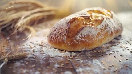 Freshly baked rustic bread loaf on a wooden surface with scattered flour, grains, and wheat stalks, evoking a warm, homely atmosphere.